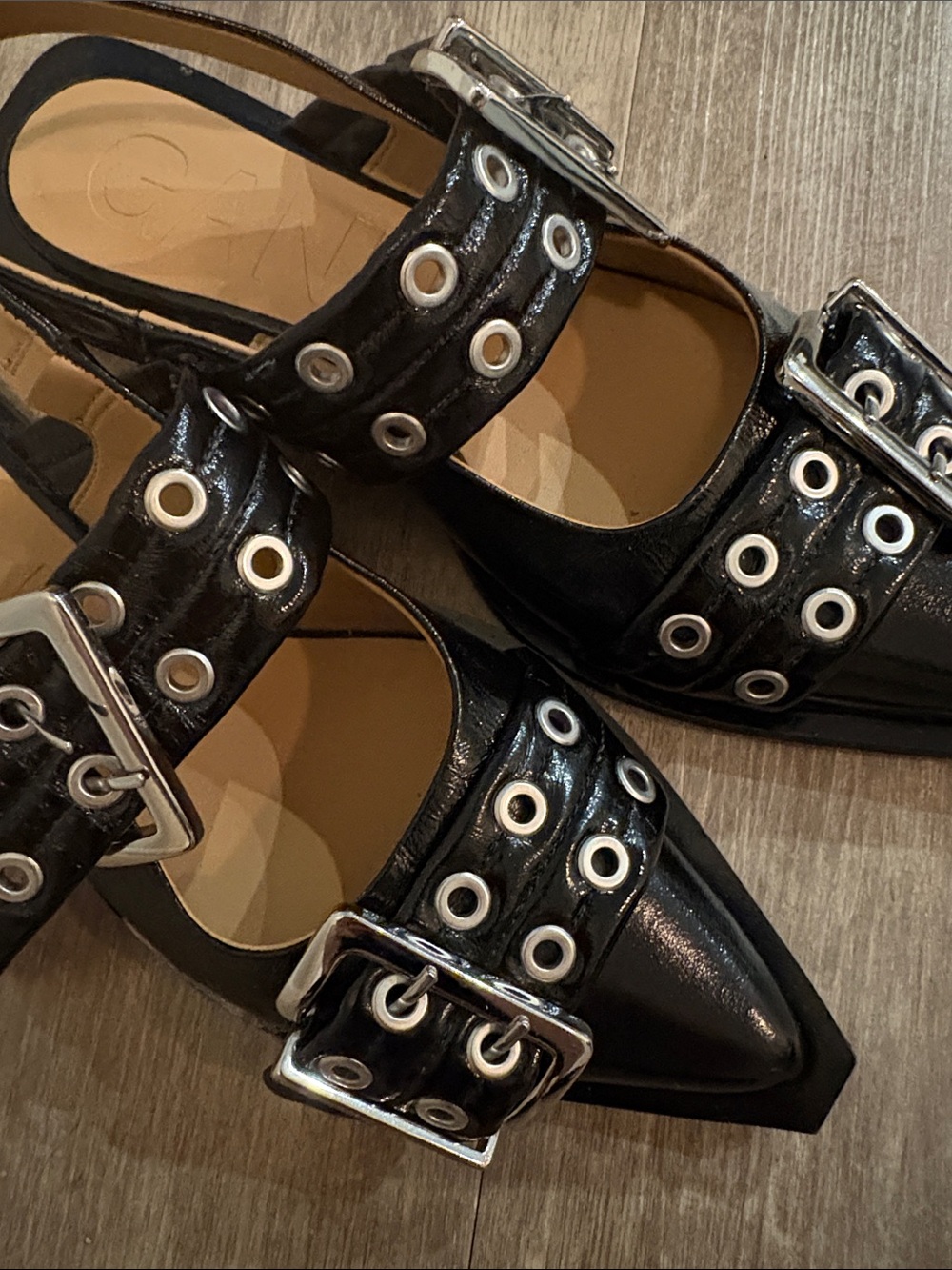 Ganni Black Buckle Ballerina Flats Vegan Leather - Picture 6 of 7